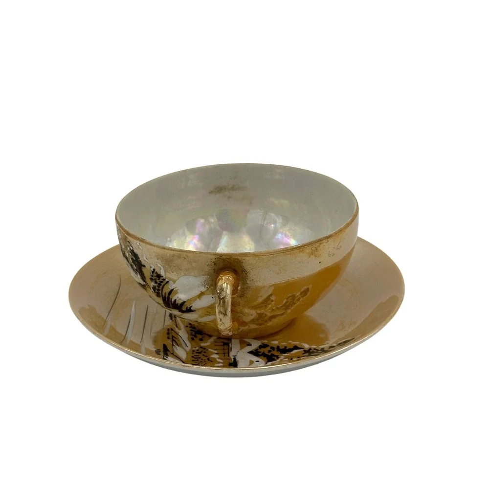 Vtg Takito Japan Lusterware Tea Cup Saucer‎ Orange Iridescent Winter Landscape